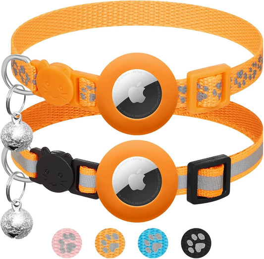 2-Pack AirTag Cat Collars – Reflective Breakaway Collars with Bell & Apple AirTag Holder, Adjustable 7–12 Inch for Kittens & Cats