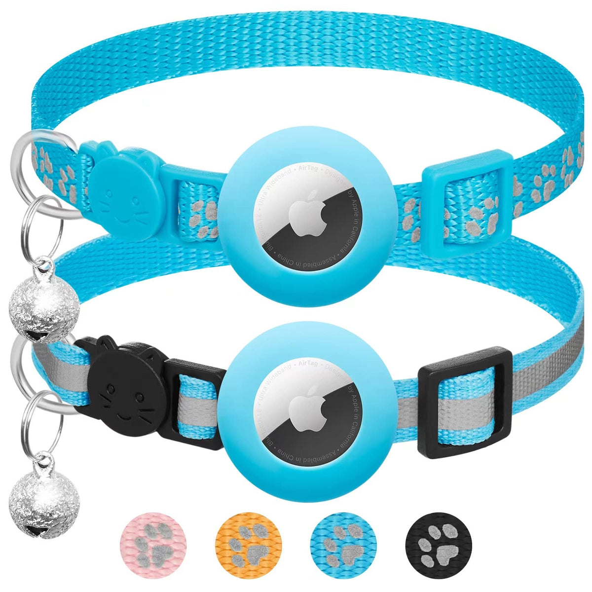 2-Pack AirTag Cat Collars – Reflective Breakaway Collars with Bell & Apple AirTag Holder, Adjustable 7–12 Inch for Kittens & Cats