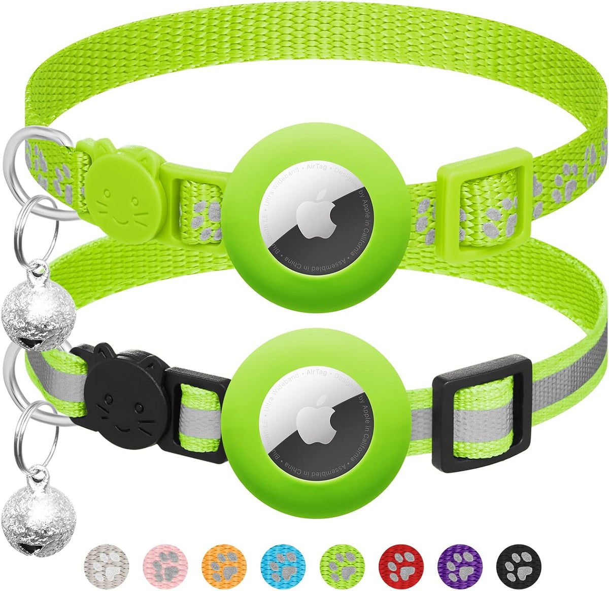 2-Pack AirTag Cat Collars – Reflective Breakaway Collars with Bell & Apple AirTag Holder, Adjustable 7–12 Inch for Kittens & Cats