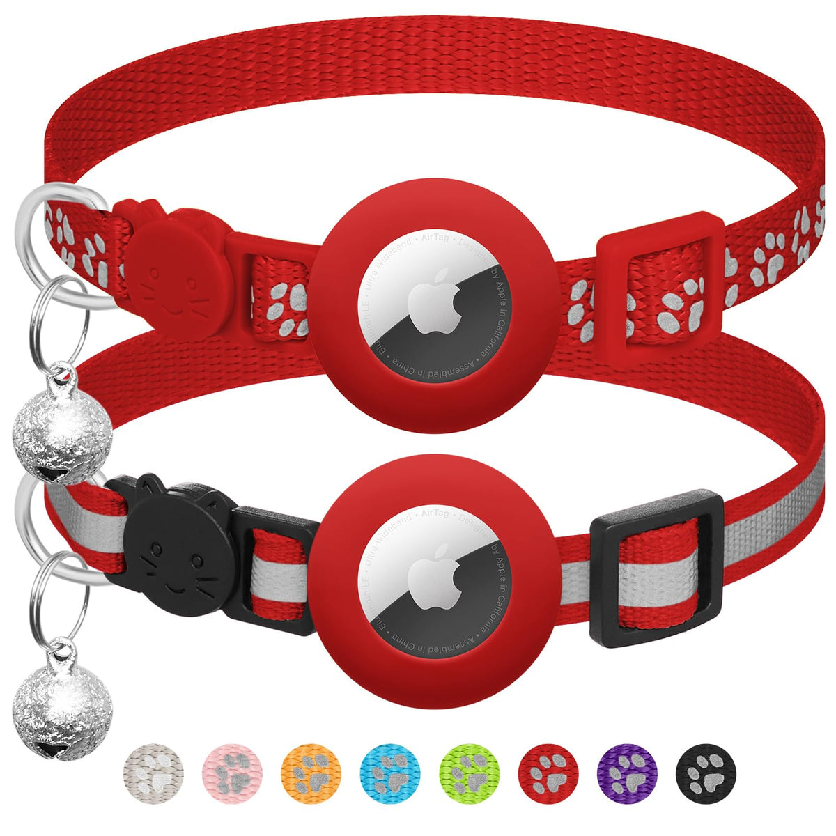 2-Pack AirTag Cat Collars – Reflective Breakaway Collars with Bell & Apple AirTag Holder, Adjustable 7–12 Inch for Kittens & Cats