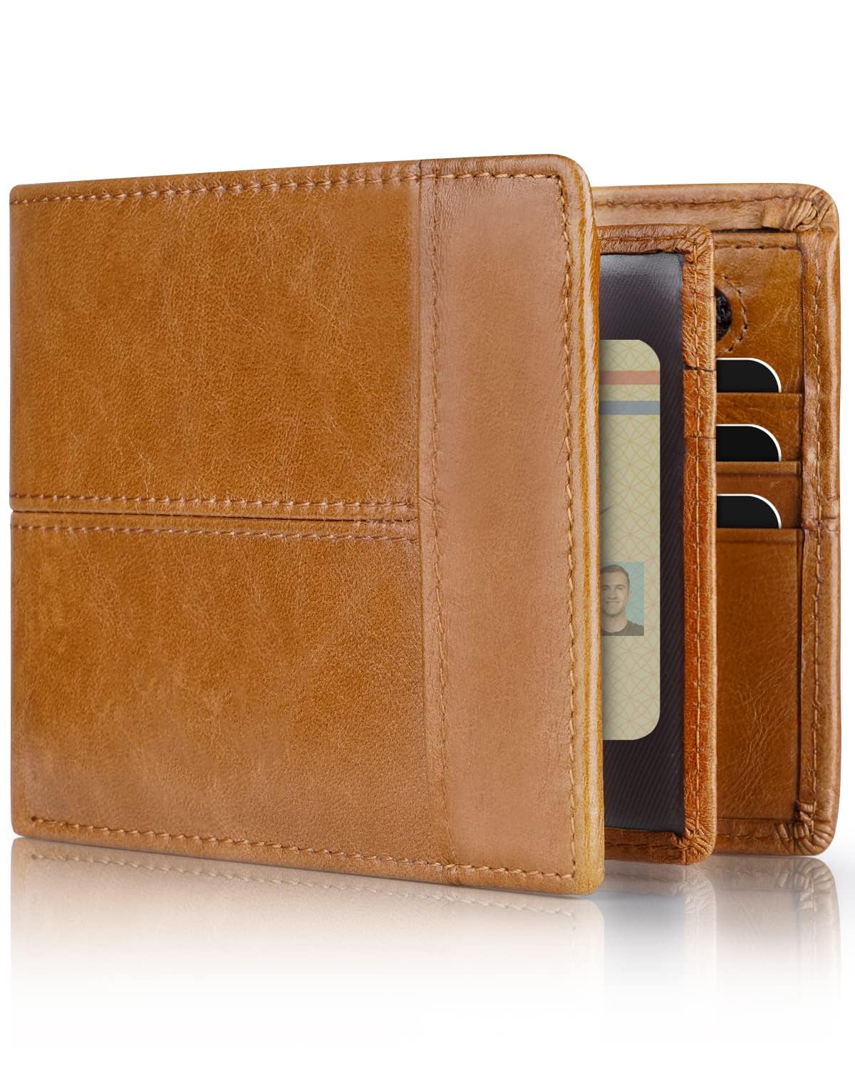 Genuine Leather RFID Blocking Wallet for Men 15 Card Bifold Zipper