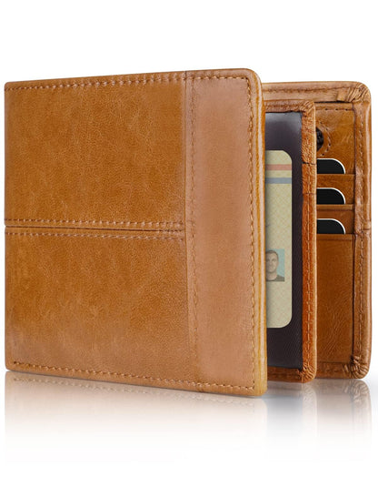 Genuine Leather RFID Blocking Wallet for Men 15 Card Bifold Zipper
