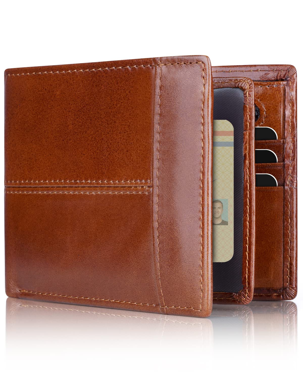 Genuine Leather RFID Blocking Wallet for Men 15 Card Bifold Zipper