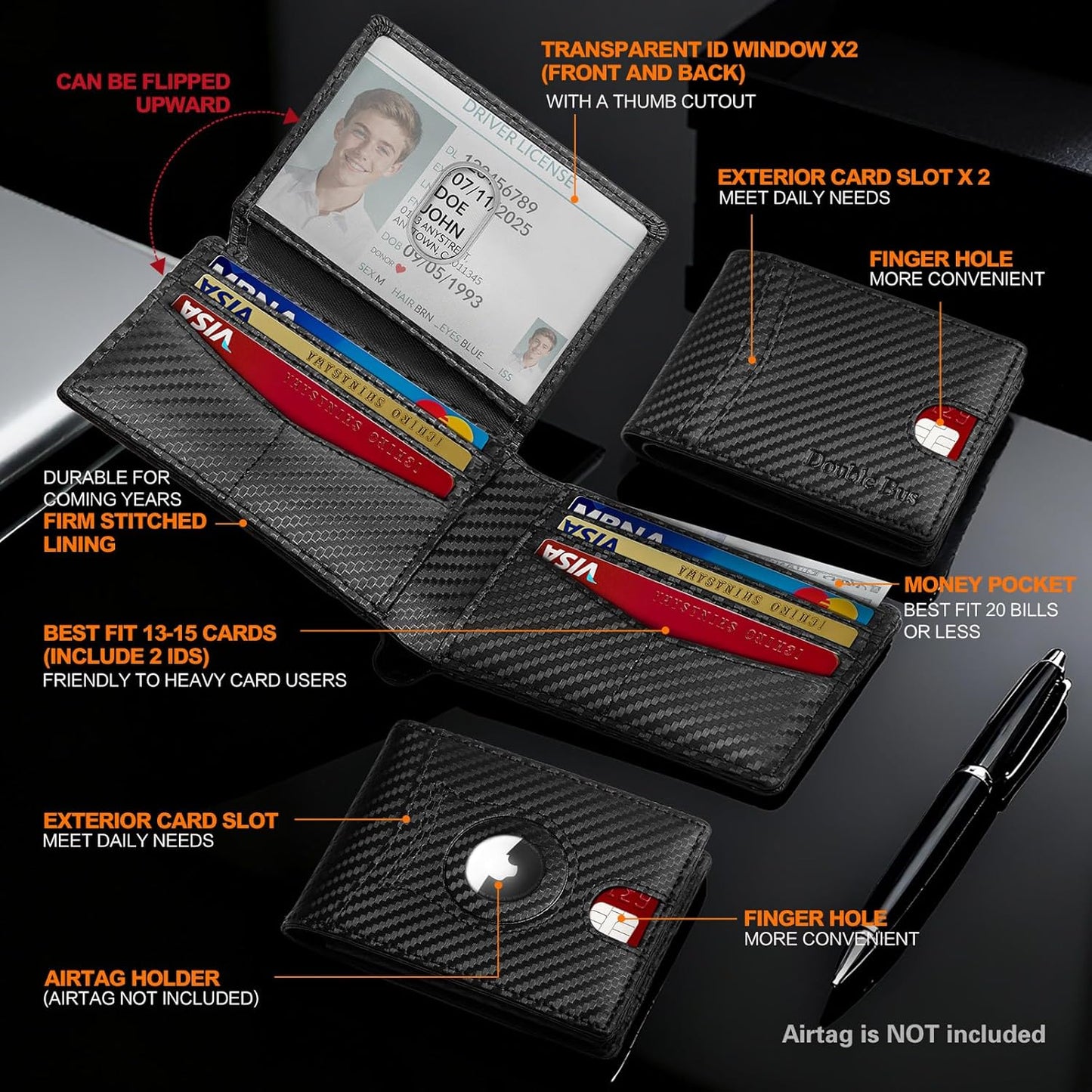 Slim AirTag Wallet for Men RFID Blocking Carbon Fiber Bifold