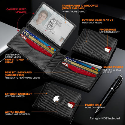 Slim AirTag Wallet for Men RFID Blocking Carbon Fiber Bifold