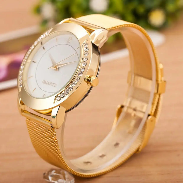 Fashion men,s Rhinestone Inlaid Round Dial Mesh Band