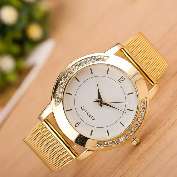 Fashion men,s Rhinestone Inlaid Round Dial Mesh Band