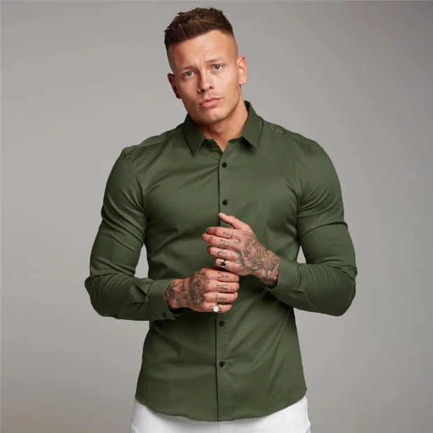 Men's Long Sleeve Super Slim Fit Plain Casual Shirt Spring Autumn Winter