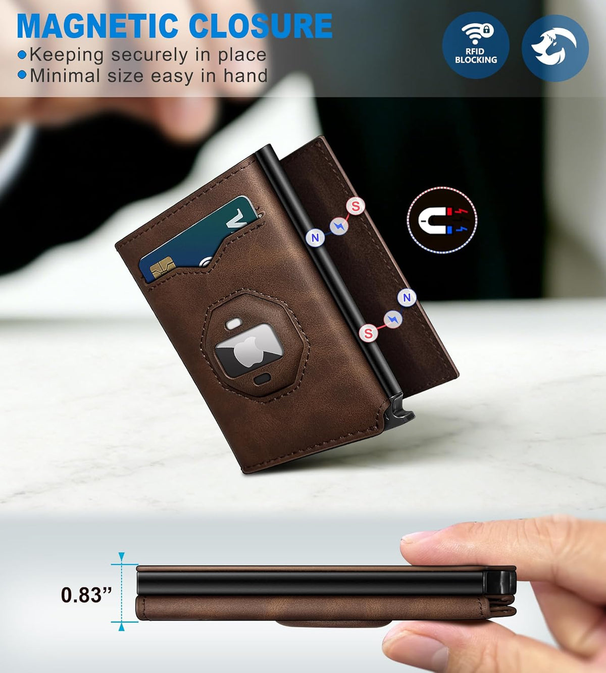 AirTag Wallet for Men Pop Up RFID Leather Slim Trifold Wallet