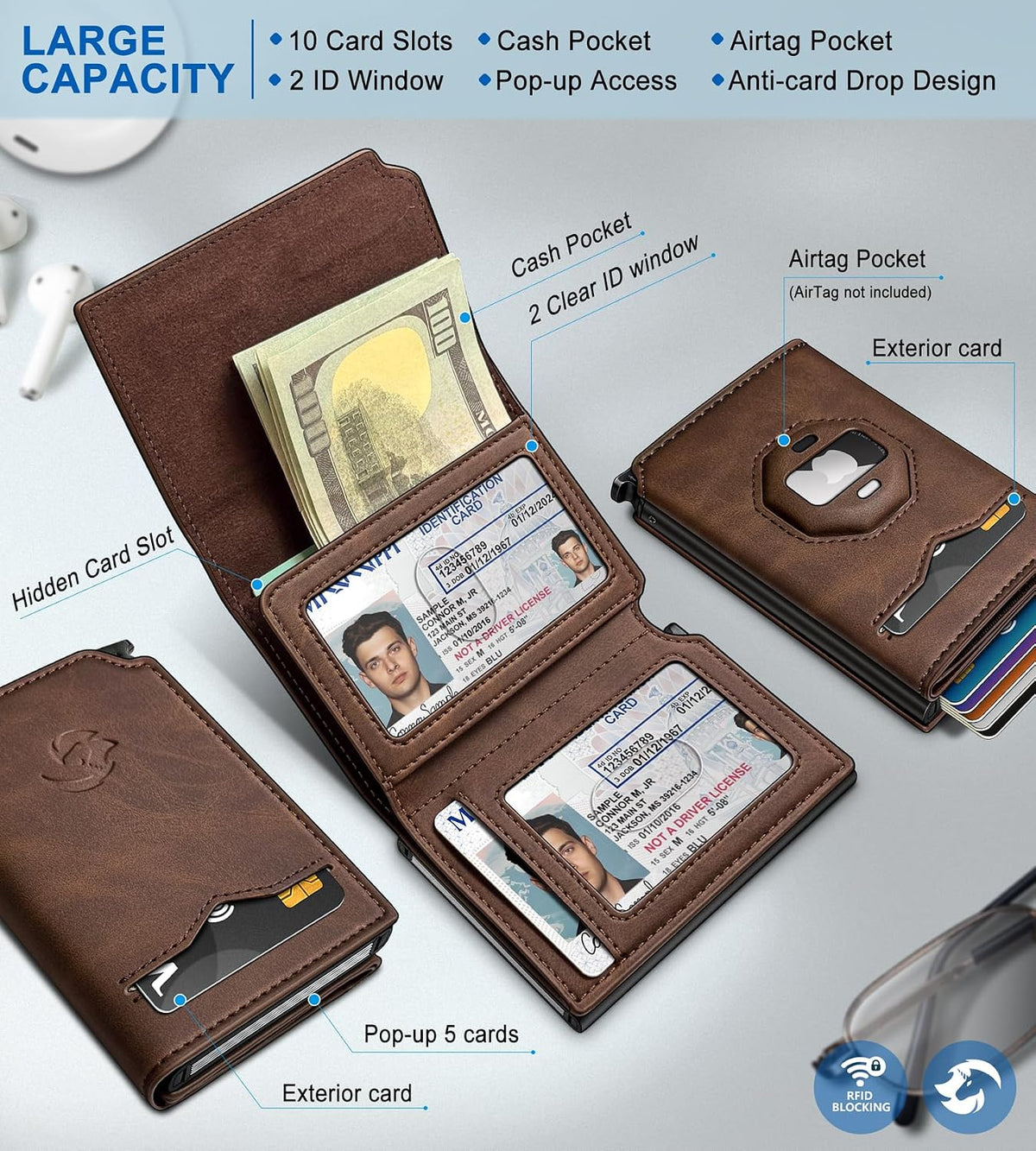 AirTag Wallet for Men Pop Up RFID Leather Slim Trifold Wallet