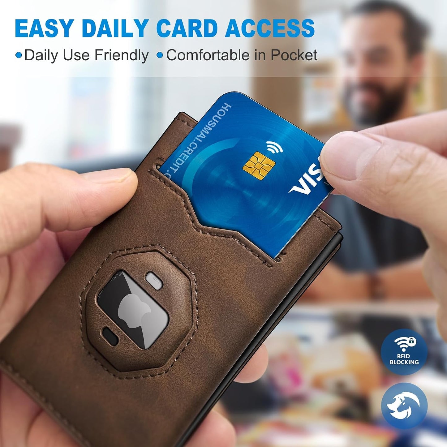 AirTag Wallet for Men Pop Up RFID Leather Slim Trifold Wallet