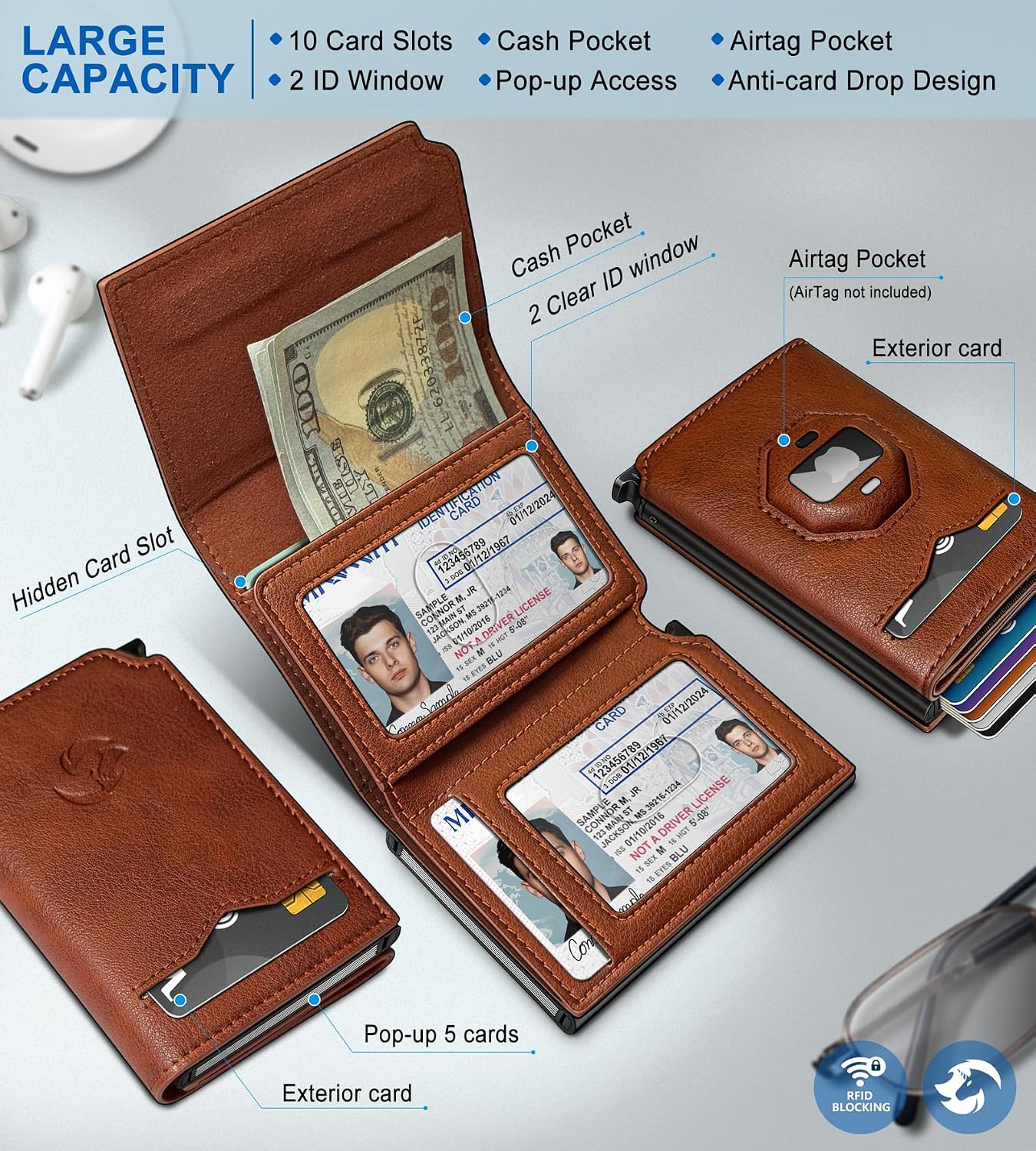 AirTag Wallet for Men RFID Pop Up Leather Wallet with Card Holder
