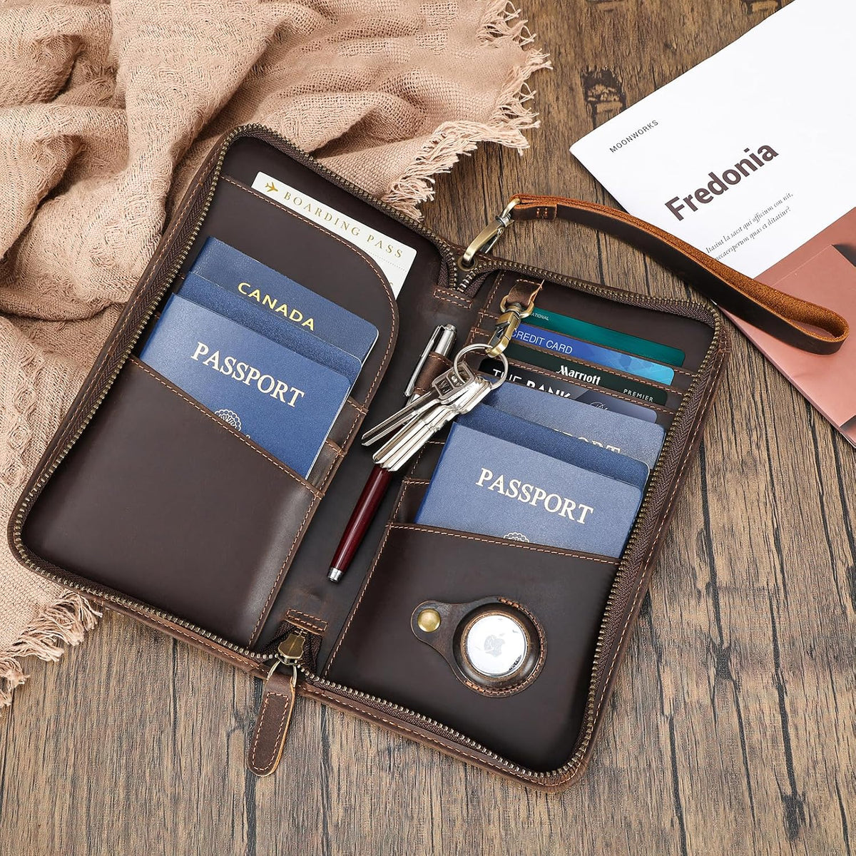 Family Leather Passport Wallet RFID Blocking Holder for 6 Passports