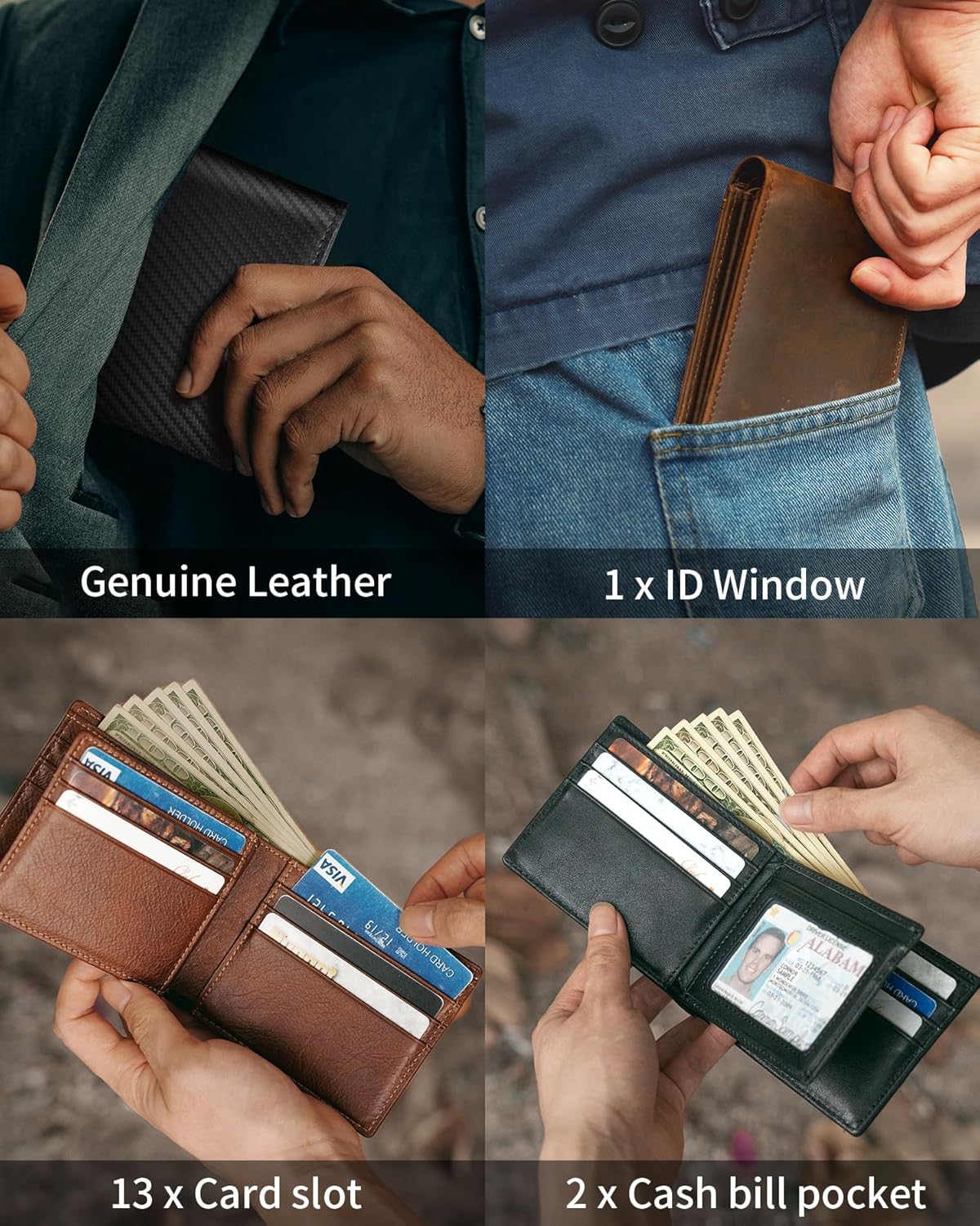 Genuine Leather Men’s RFID Blocking Bifold Wallet with 13 Card Slots