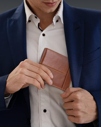 Genuine Leather RFID Blocking Wallet for Men 15 Card Bifold Zipper