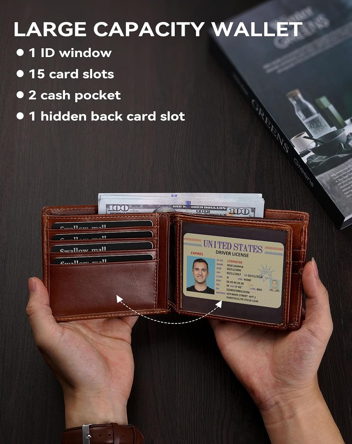Genuine Leather RFID Blocking Wallet for Men 15 Card Bifold Zipper