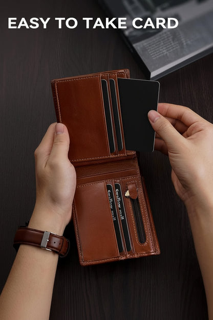 Genuine Leather RFID Blocking Wallet for Men 15 Card Bifold Zipper