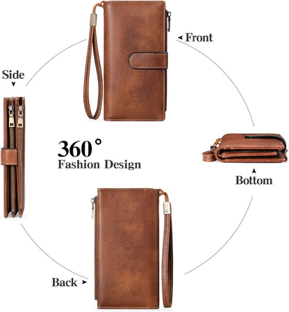 Large Leather Wallet for Women RFID Blocking Trifold Wristlet