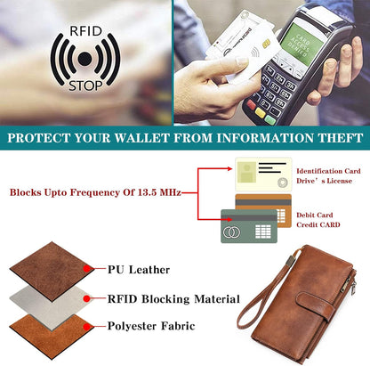 Large Leather Wallet for Women RFID Blocking Trifold Wristlet