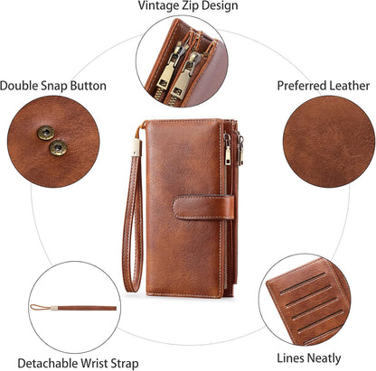 Large Leather Wallet for Women RFID Blocking Trifold Wristlet