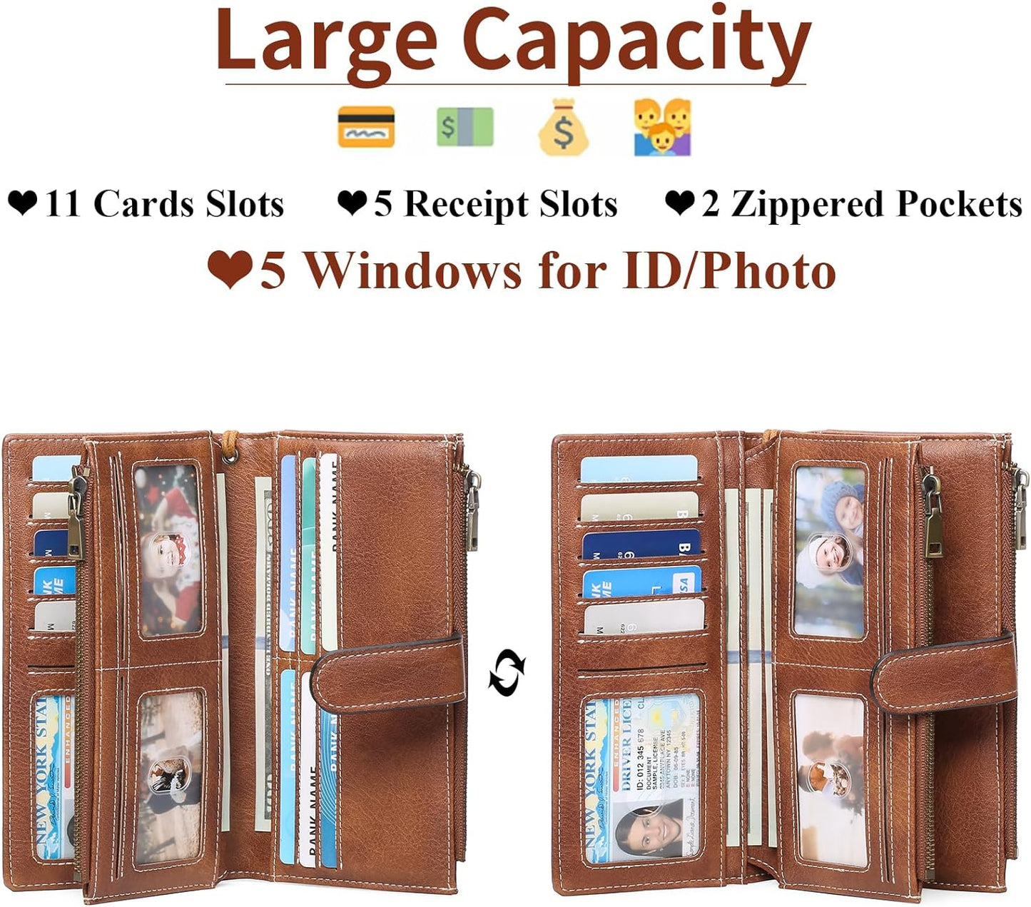 Large Leather Wallet for Women RFID Blocking Trifold Wristlet