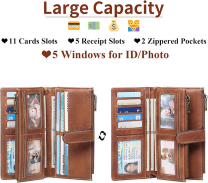 Large Leather Wallet for Women RFID Blocking Trifold Wristlet