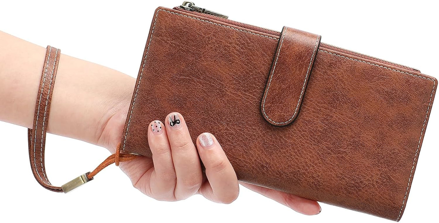 Large Leather Wallet for Women RFID Blocking Trifold Wristlet