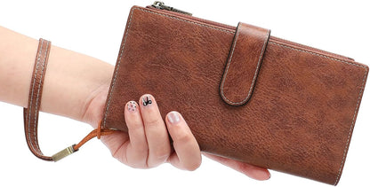 Large Leather Wallet for Women RFID Blocking Trifold Wristlet