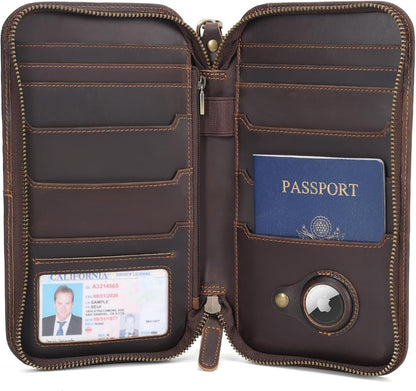 Leather Family Passport Wallet with AirTag Holder RFID Blocking