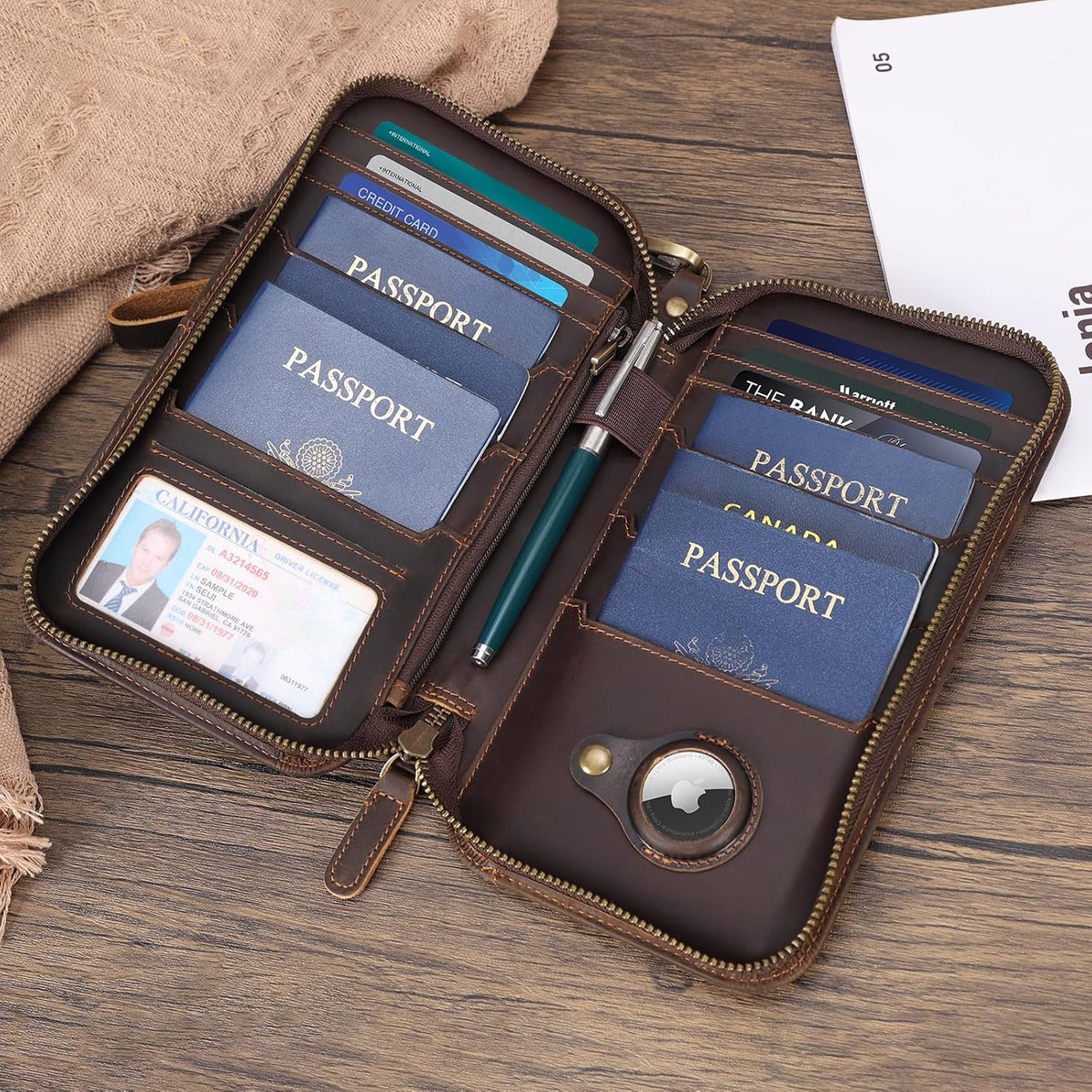 Leather Family Passport Wallet with AirTag Holder RFID Blocking