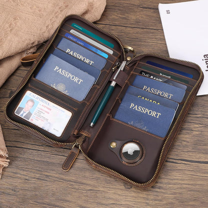 Leather Family Passport Wallet with AirTag Holder RFID Blocking