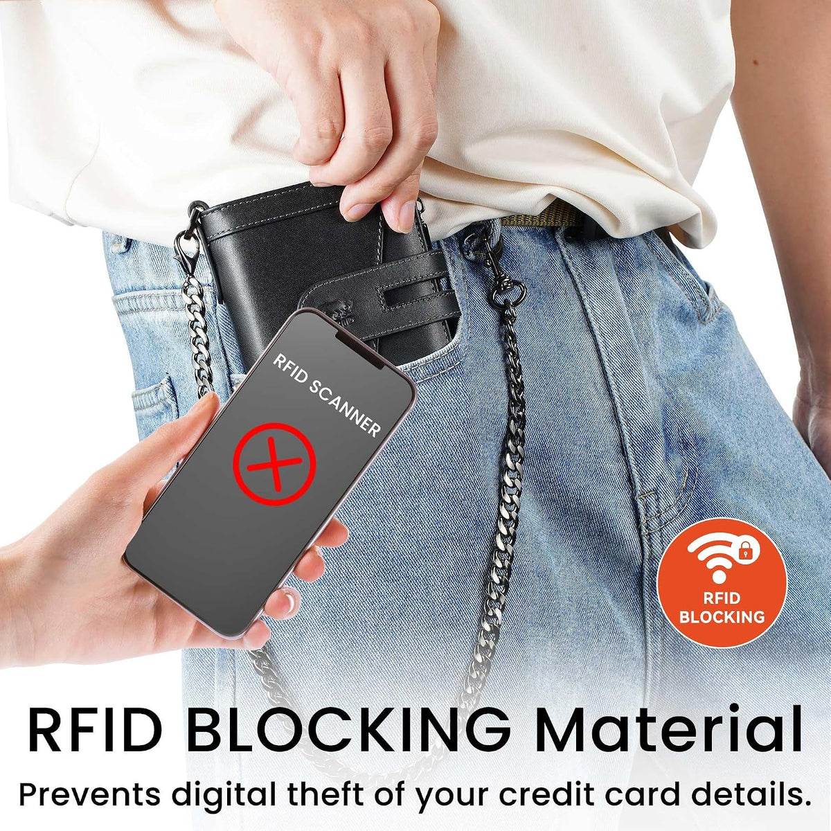 Men's RFID Leather Chain Wallet with Zipper Pocket & 15 Card Slots