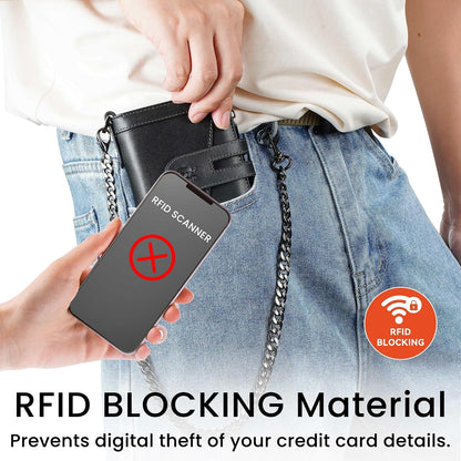 Men's RFID Leather Chain Wallet with Zipper Pocket & 15 Card Slots