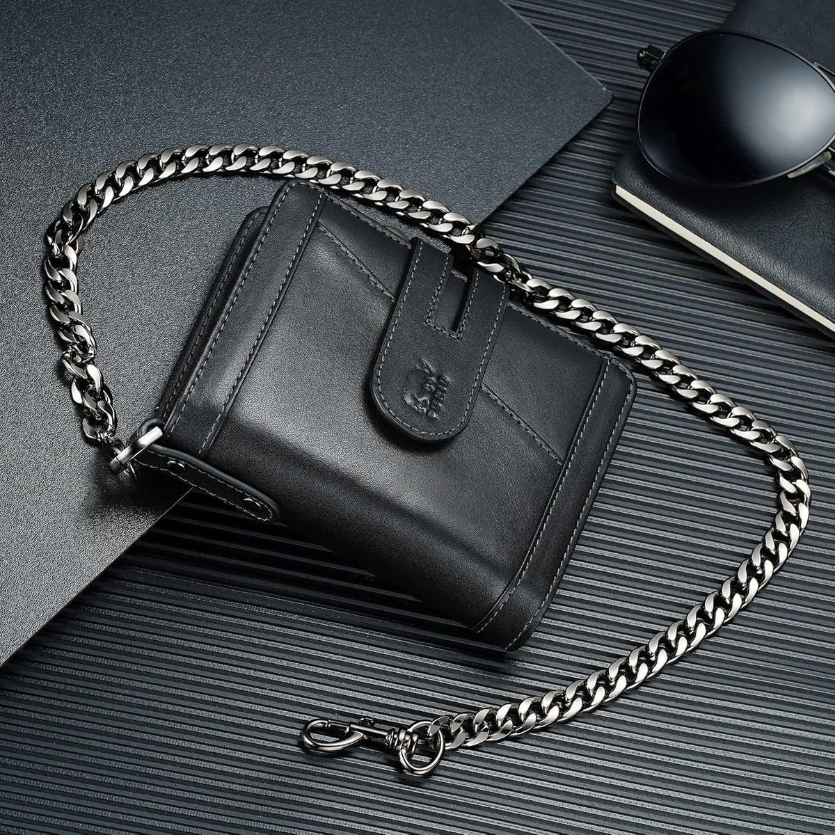 Men's RFID Leather Chain Wallet with Zipper Pocket & 15 Card Slots