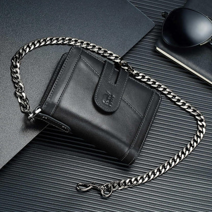 Men's RFID Leather Chain Wallet with Zipper Pocket & 15 Card Slots