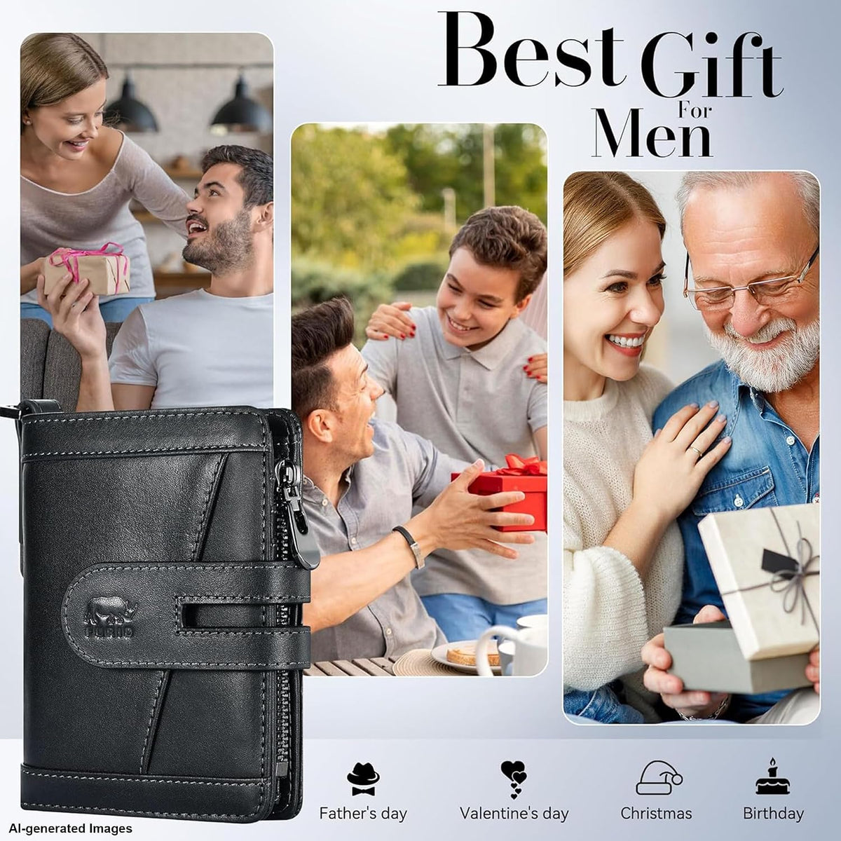 Men's RFID Leather Chain Wallet with Zipper Pocket & 15 Card Slots