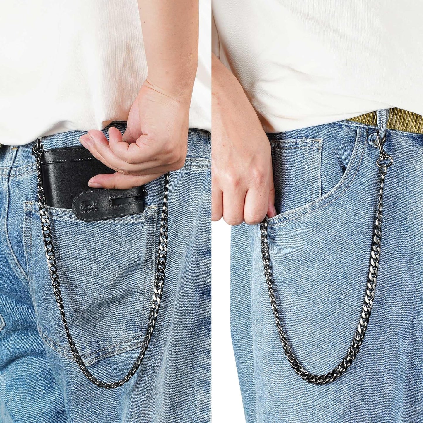 Men's RFID Leather Chain Wallet with Zipper Pocket & 15 Card Slots