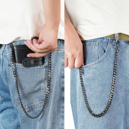 Men's RFID Leather Chain Wallet with Zipper Pocket & 15 Card Slots