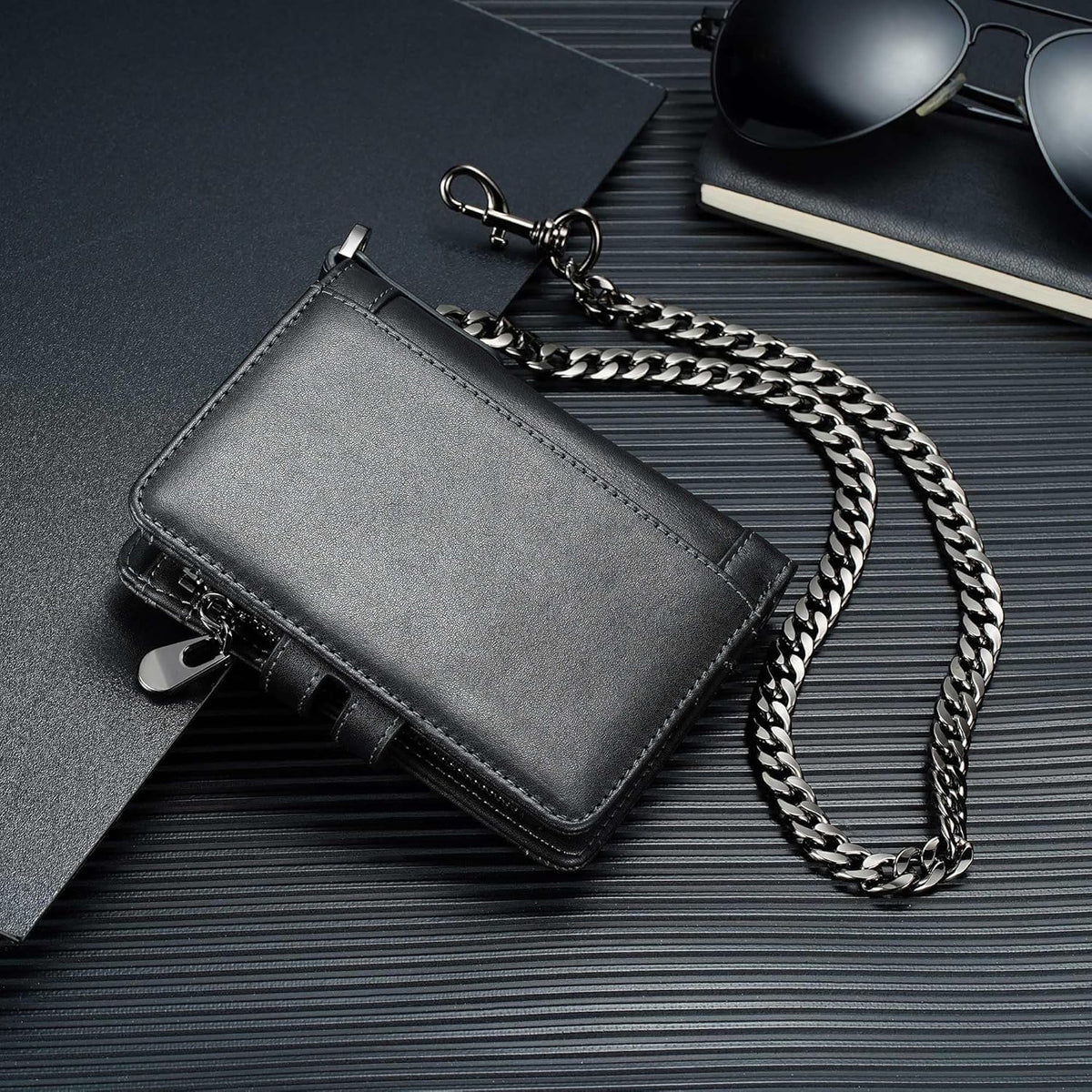 Men's RFID Leather Chain Wallet with Zipper Pocket & 15 Card Slots