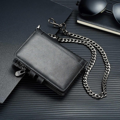 Men's RFID Leather Chain Wallet with Zipper Pocket & 15 Card Slots