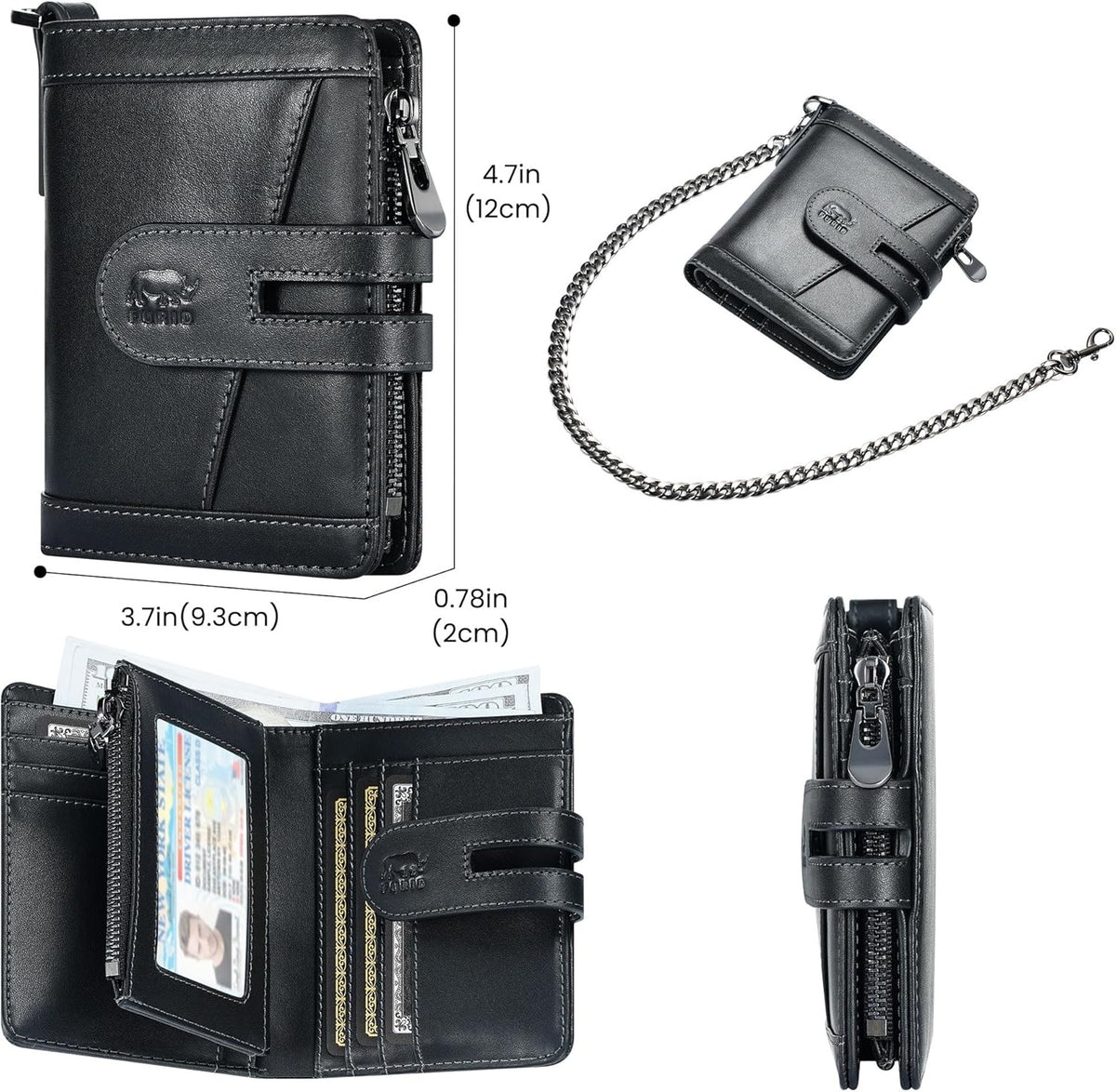 Men's RFID Leather Chain Wallet with Zipper Pocket & 15 Card Slots