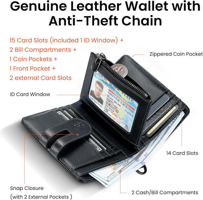 Men's RFID Leather Chain Wallet with Zipper Pocket & 15 Card Slots