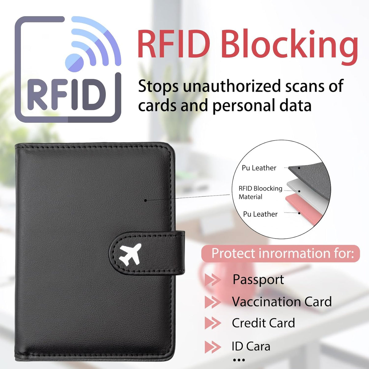RFID Leather Passport Holder Travel Wallet with Magnetic Closure