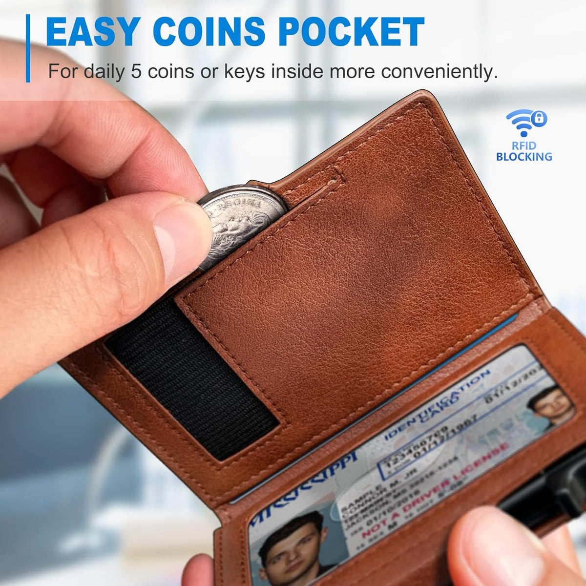 RFID Slim Wallet for Men with Pop-Up Card Holder & Coin Slot