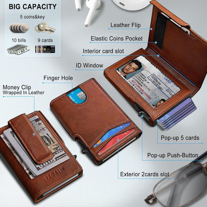 RFID Slim Wallet for Men with Pop-Up Card Holder & Coin Slot