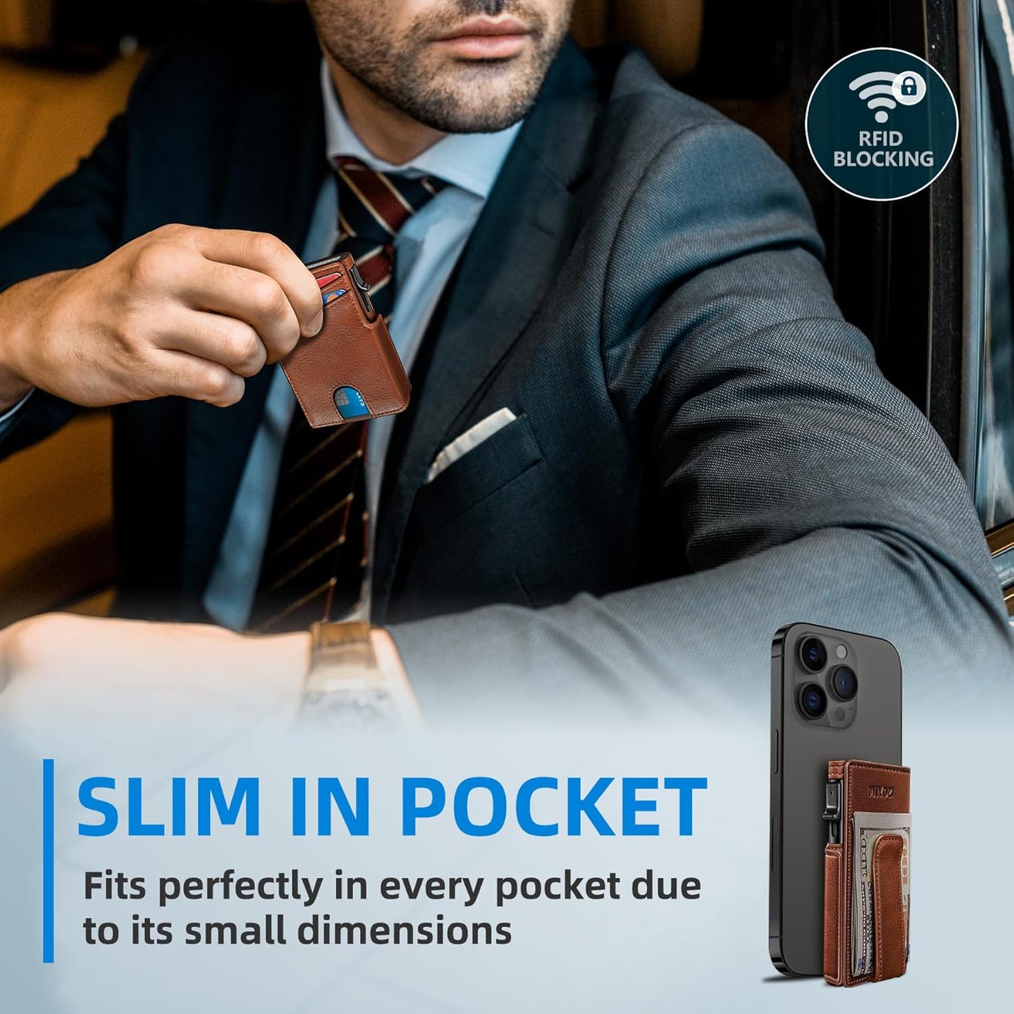 RFID Slim Wallet for Men with Pop-Up Card Holder & Coin Slot