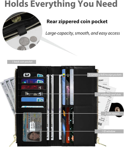 RFID Slim Wallet for Women with 12 Card Slots & Coin Pocket