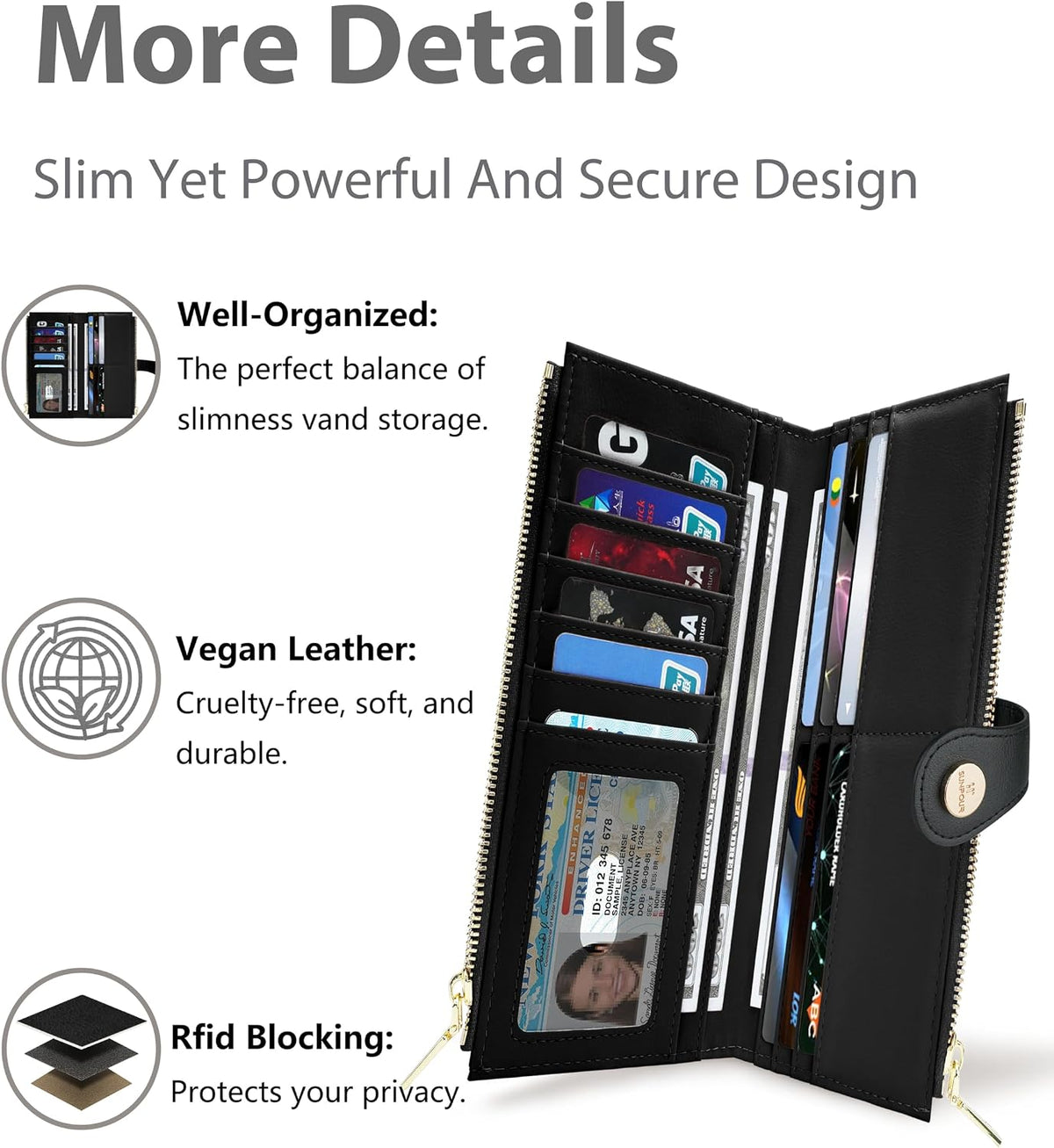 RFID Slim Wallet for Women with 12 Card Slots & Coin Pocket