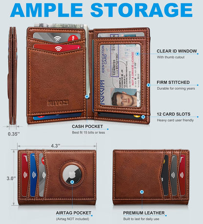 Slim AirTag Wallet for Men RFID Blocking Leather with Money Clip