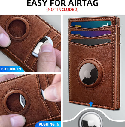 Slim AirTag Wallet for Men RFID Blocking Leather with Money Clip